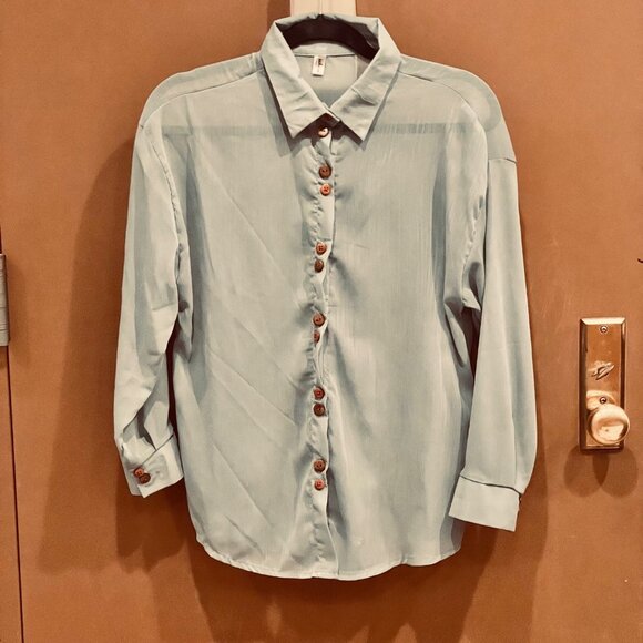 Women's Casual Loose Fit Long Sleeve Semi-Sheer Blouse Green - Picture 1 of 7